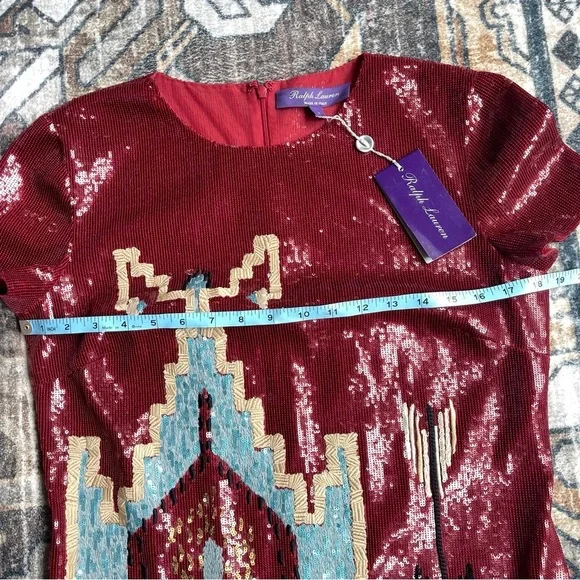 NWT Ralph Lauren Purple Label Embellished Cady Red Sequin Short Sleeve Dress new